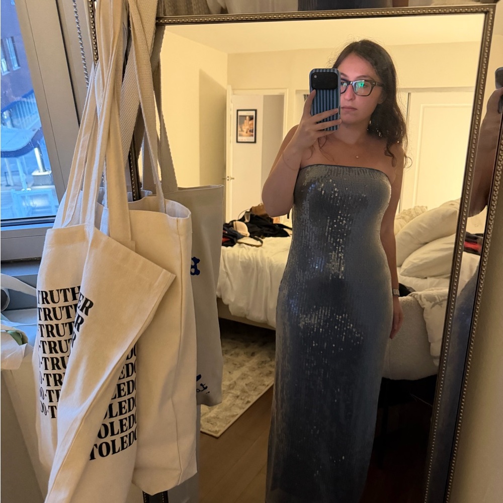 Anthropologie Silver Strapless Maxi Dress